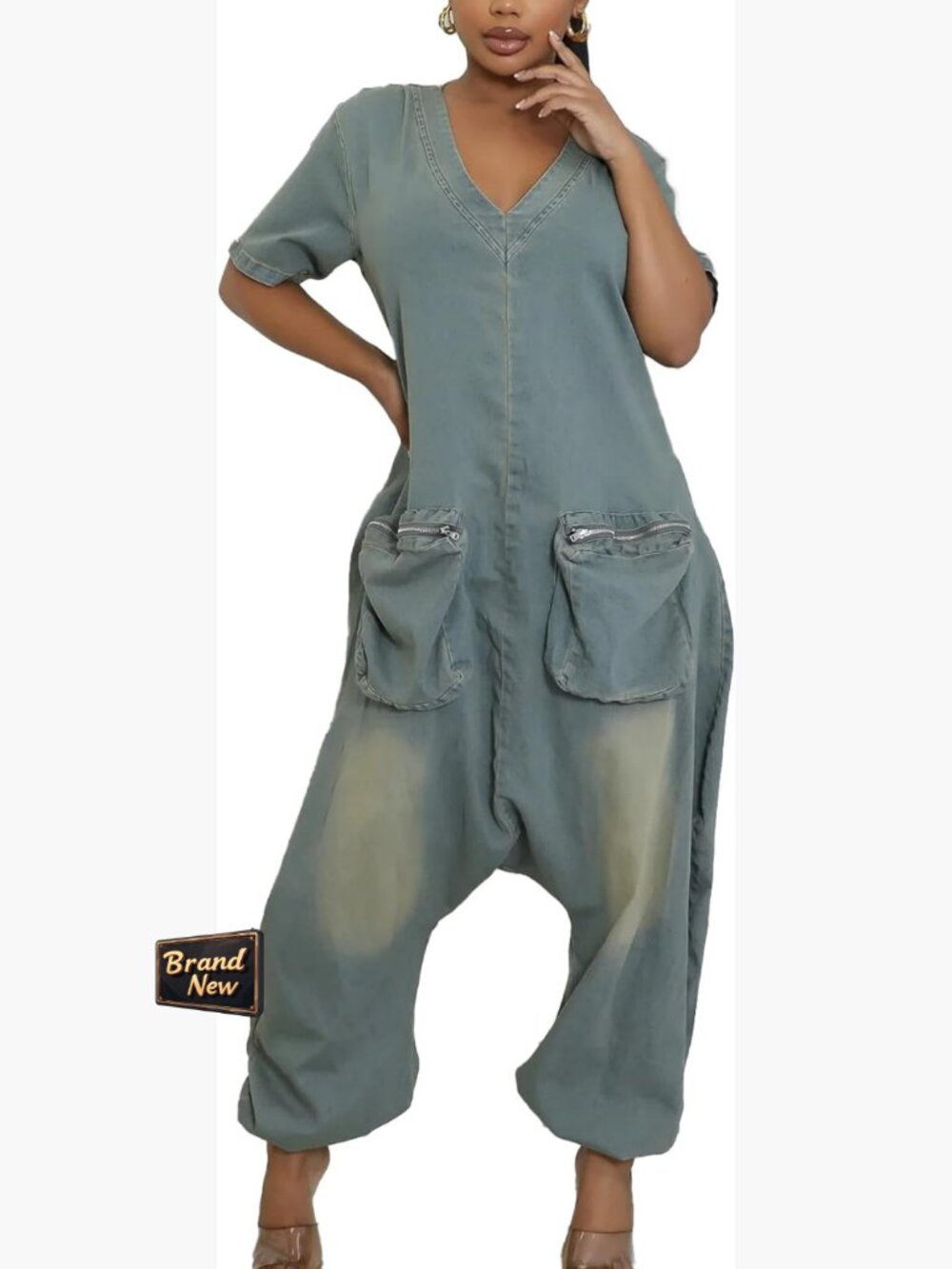 Denim Jumpsuit Loose Fit V Neck Short Sleeve Front Pockets Back Zipper